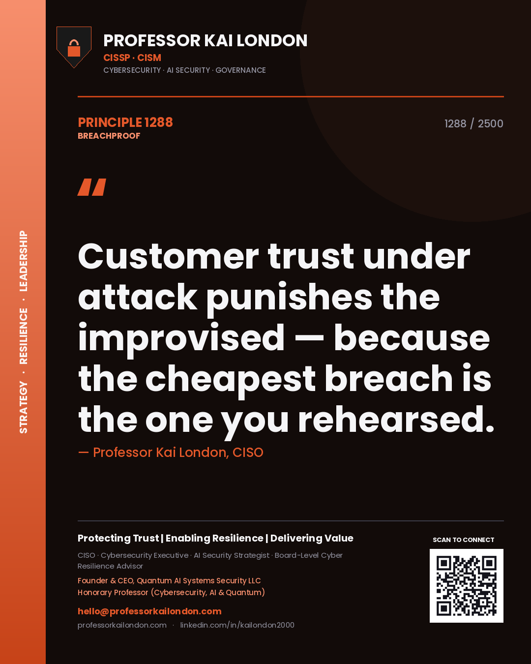 Quote card by Professor Kai London reading 'Customer trust under attack punishes the improvised — because the cheapest breach is the one you rehearsed.'. From the book Breachproof.