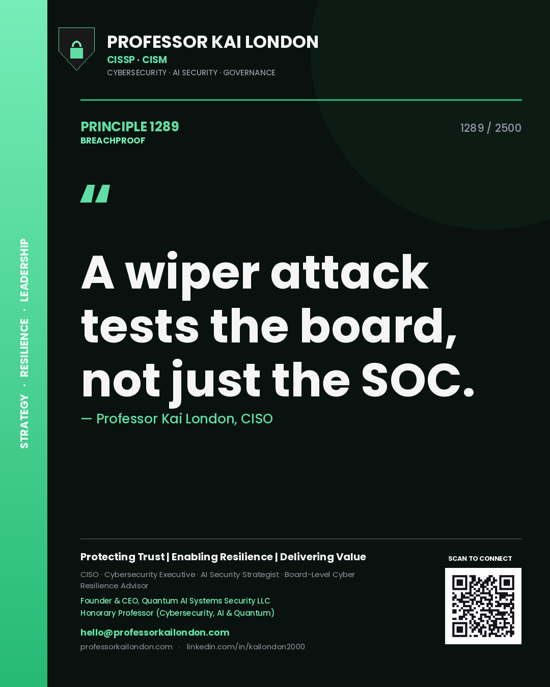 Quote card by Professor Kai London reading 'A wiper attack tests the board, not just the SOC.'. From the book Breachproof.