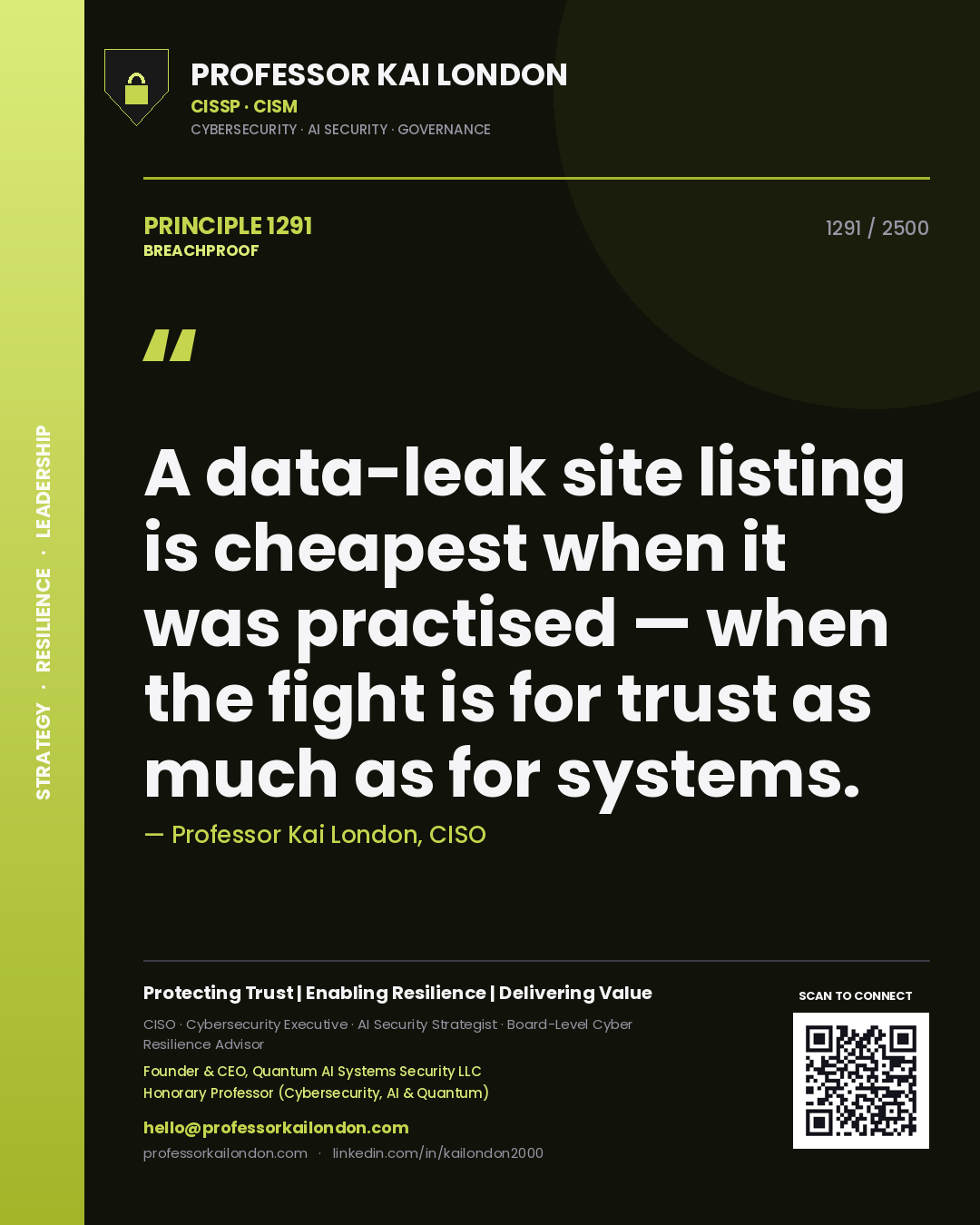 Quote card by Professor Kai London reading 'A data-leak site listing is cheapest when it was practised — when the fight is for trust as much as for systems.'. From the book Breachproof.