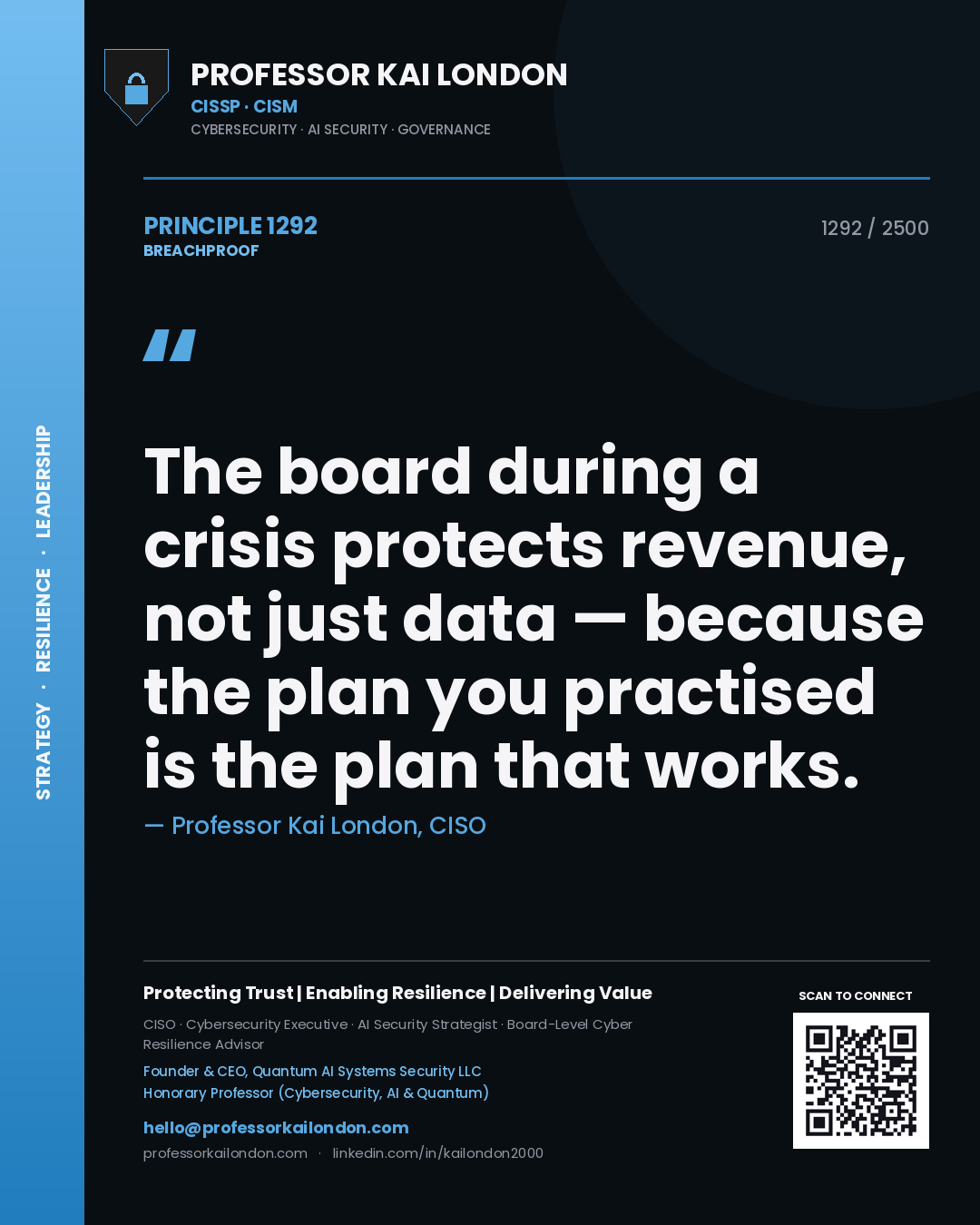 Quote card by Professor Kai London reading 'The board during a crisis protects revenue, not just data — because the plan you practised is the plan that works.'. From the book Breachproof.