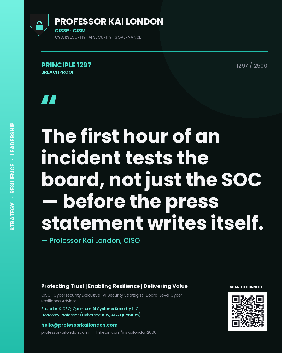 Quote card by Professor Kai London reading 'The first hour of an incident tests the board, not just the SOC — before the press statement writes itself.'. From the book Breachproof.