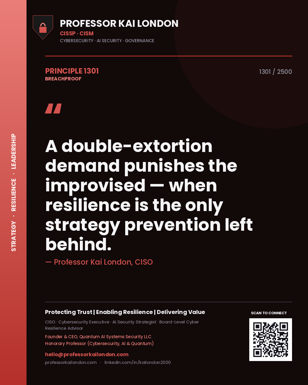Quote card by Professor Kai London reading 'A double-extortion demand punishes the improvised — when resilience is the only strategy prevention left behind.'. From the book Breachproof.
