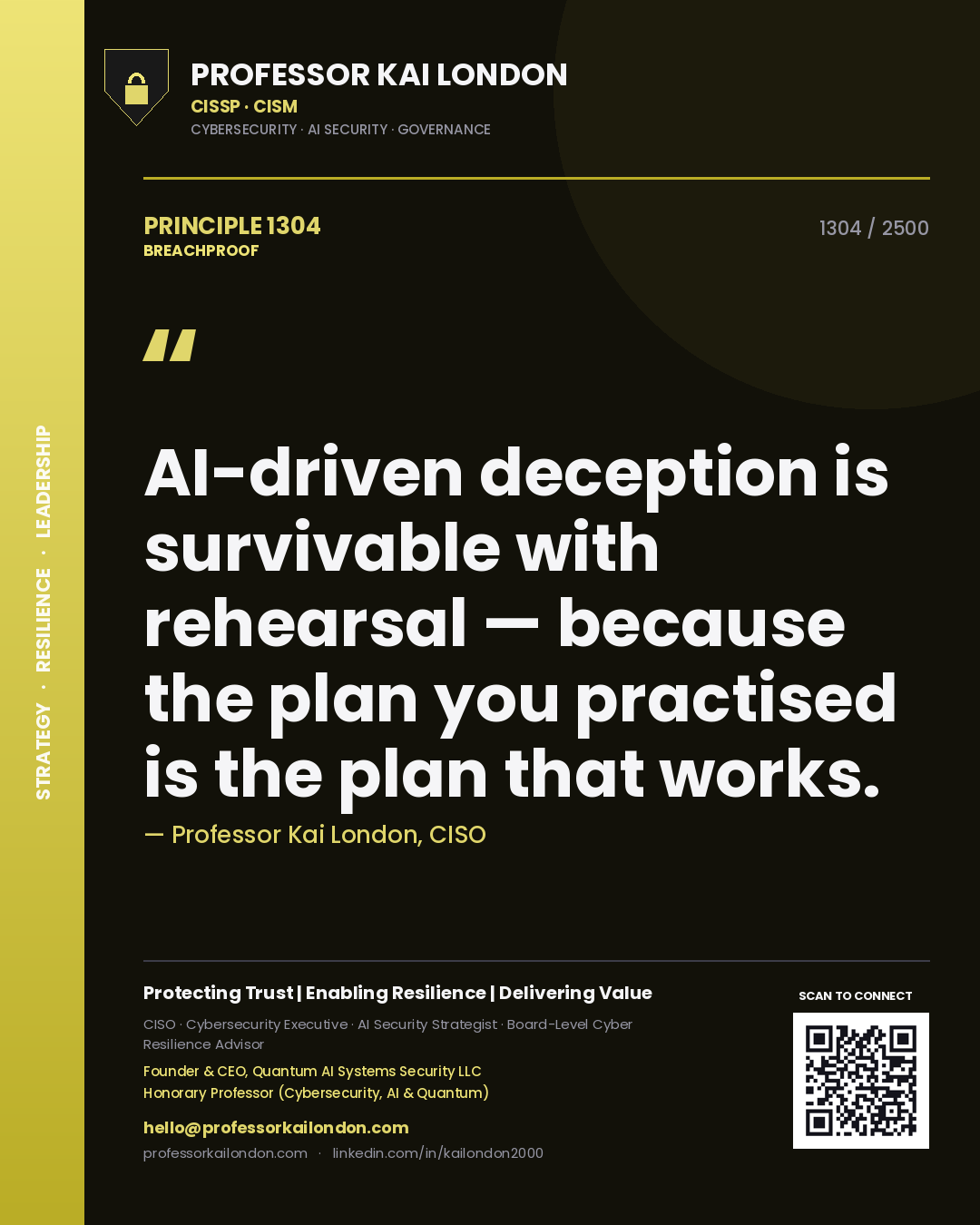 Quote card by Professor Kai London reading 'AI-driven deception is survivable with rehearsal — because the plan you practised is the plan that works.'. From the book Breachproof.