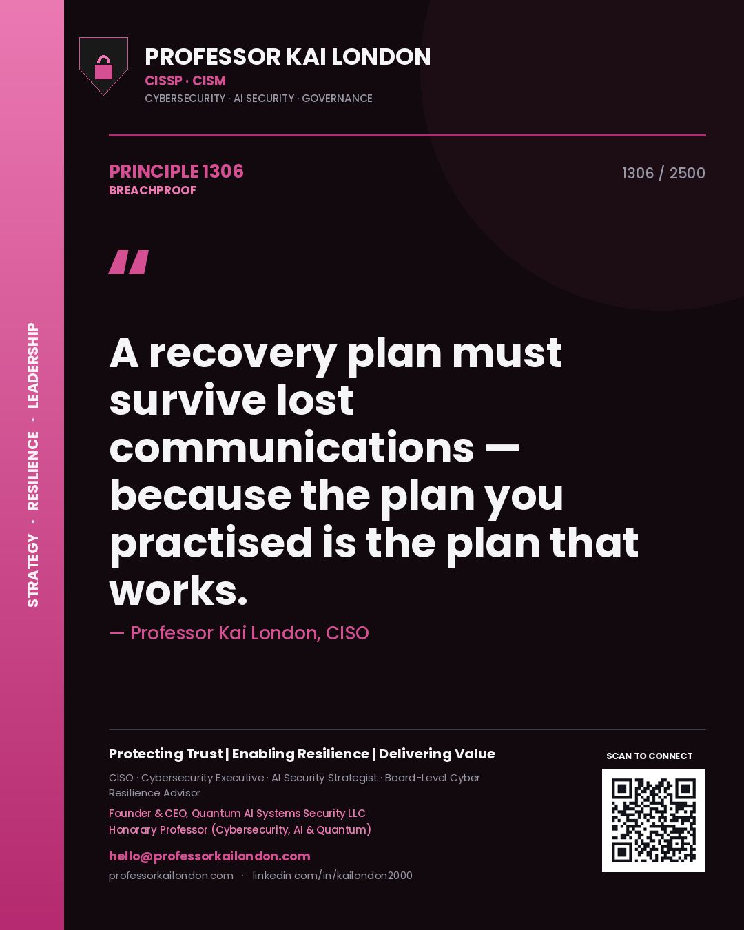Professor Kai London principle 1306: A recovery plan must survive lost communications — because the plan you practised is the plan that works.