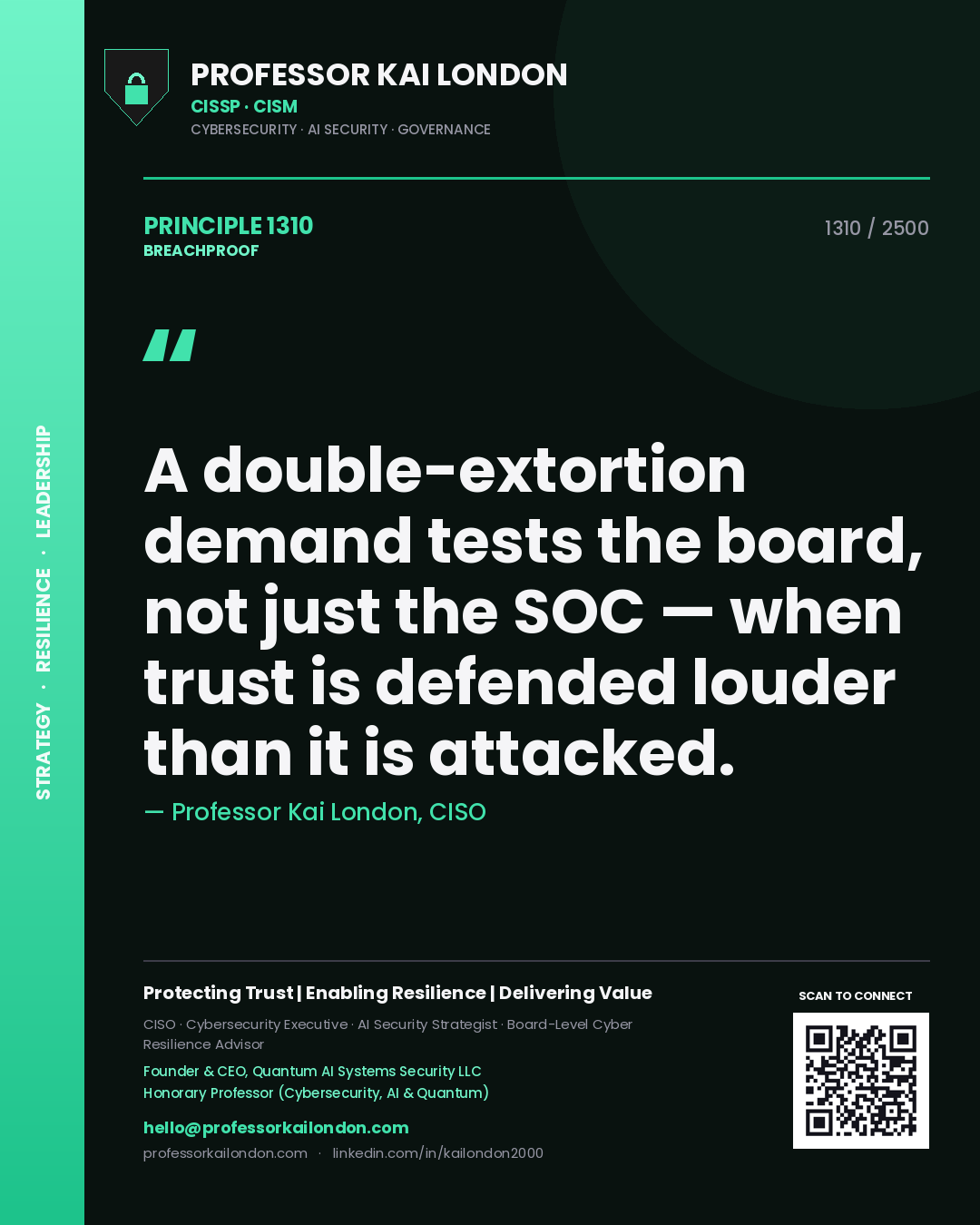 Quote card by Professor Kai London reading 'A double-extortion demand tests the board, not just the SOC — when trust is defended louder than it is attacked.'. From the book Breachproof.