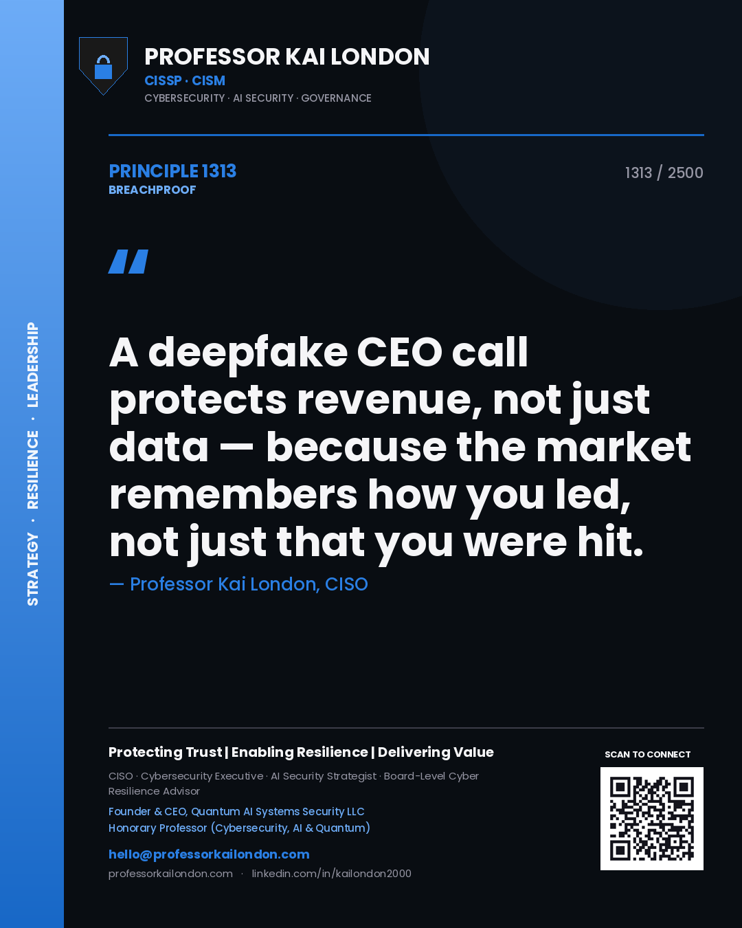 Professor Kai London principle 1313: A deepfake CEO call protects revenue, not just data — because the market remembers how you led, not just that you were hit.