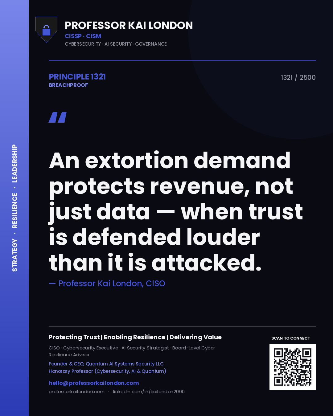 Professor Kai London principle 1321: An extortion demand protects revenue, not just data — when trust is defended louder than it is attacked.