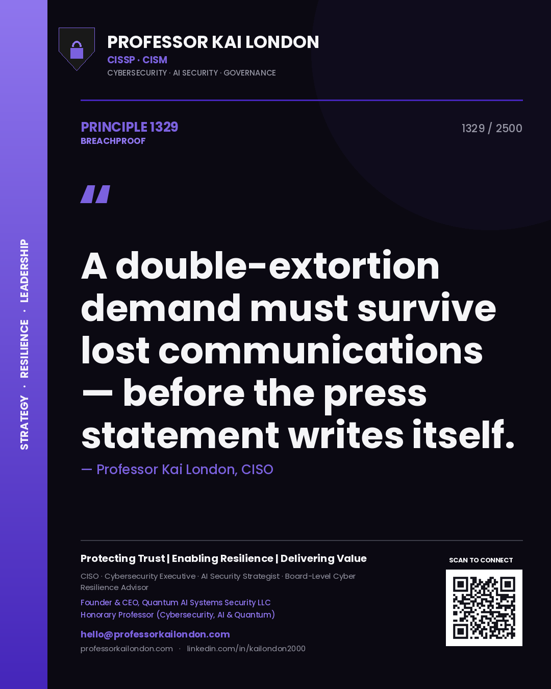Quote card by Professor Kai London reading 'A double-extortion demand must survive lost communications — before the press statement writes itself.'. From the book Breachproof.