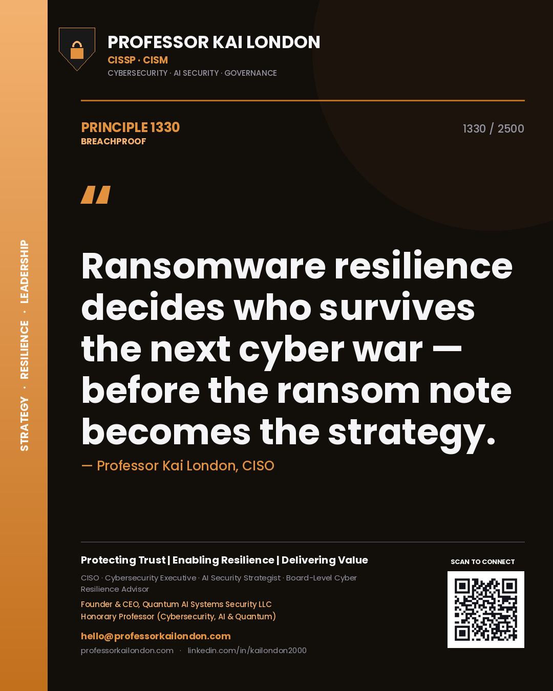 Quote card by Professor Kai London reading 'Ransomware resilience decides who survives the next cyber war — before the ransom note becomes the strategy.'. From the book Breachproof.