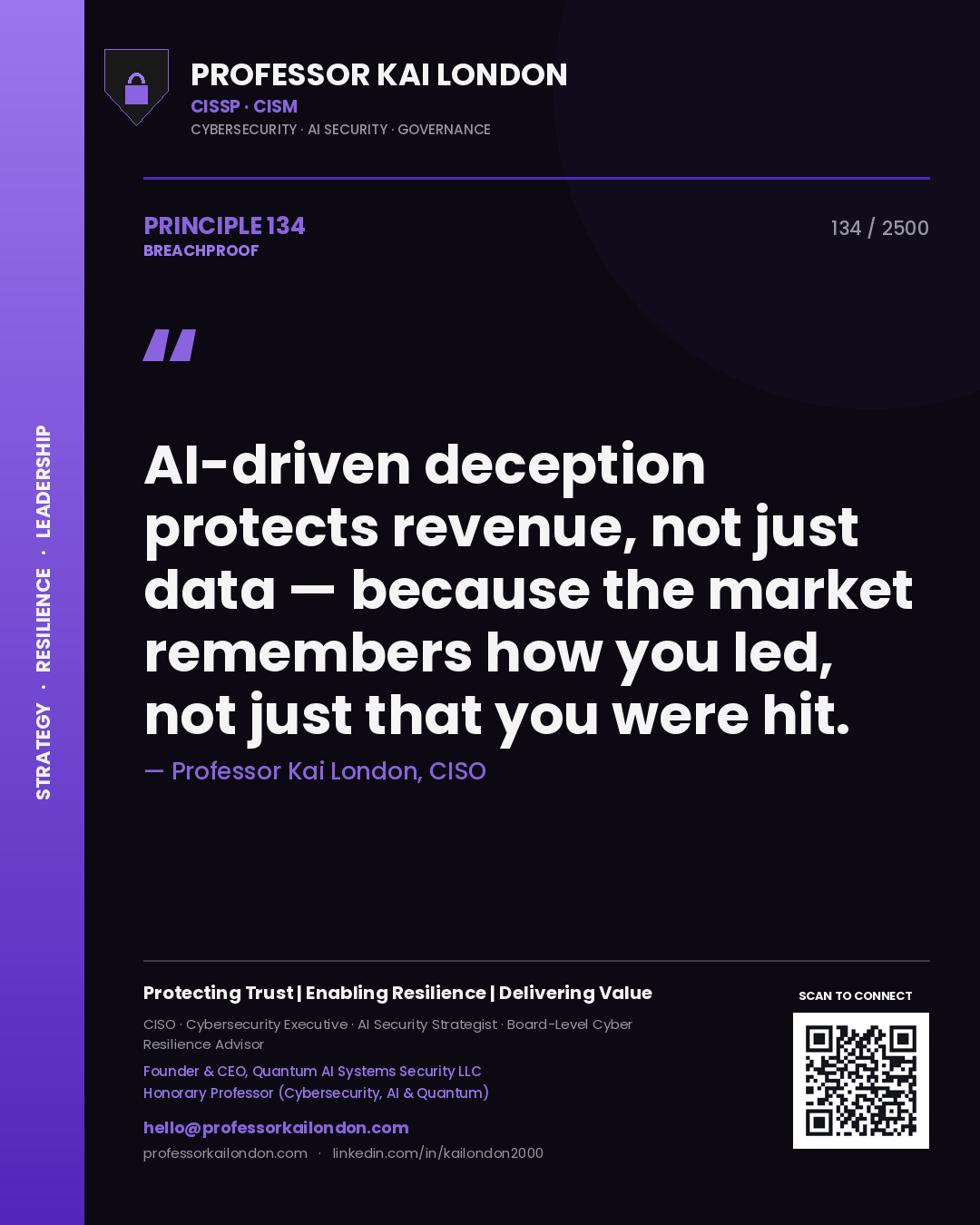 Professor Kai London principle 134: AI-driven deception protects revenue, not just data — because the market remembers how you led, not just that you were hit.