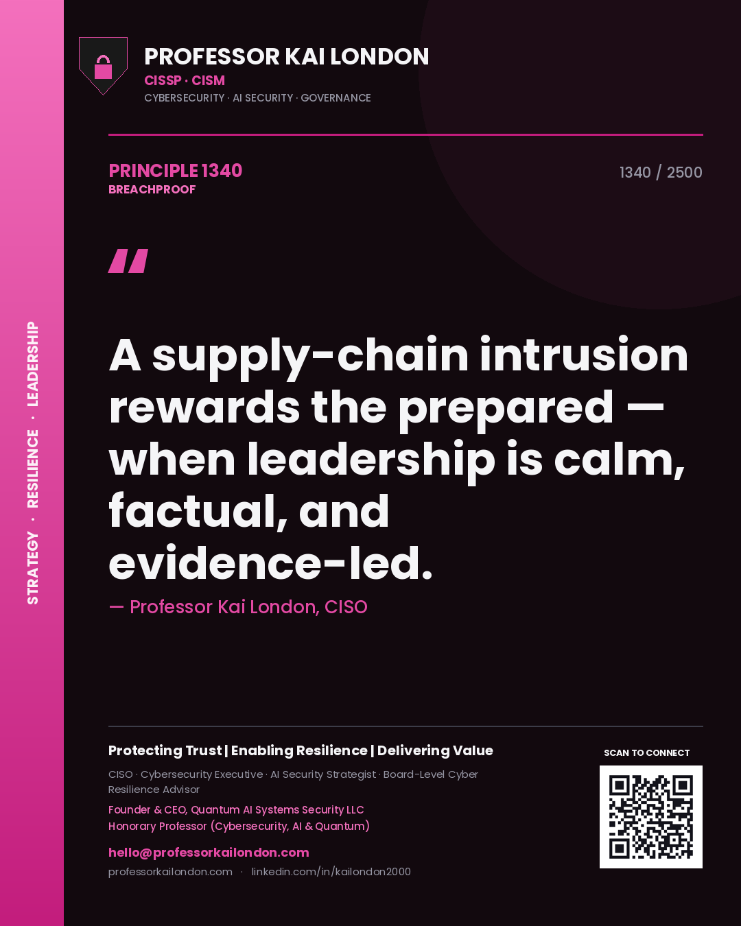 Quote card by Professor Kai London reading 'A supply-chain intrusion rewards the prepared — when leadership is calm, factual, and evidence-led.'. From the book Breachproof.