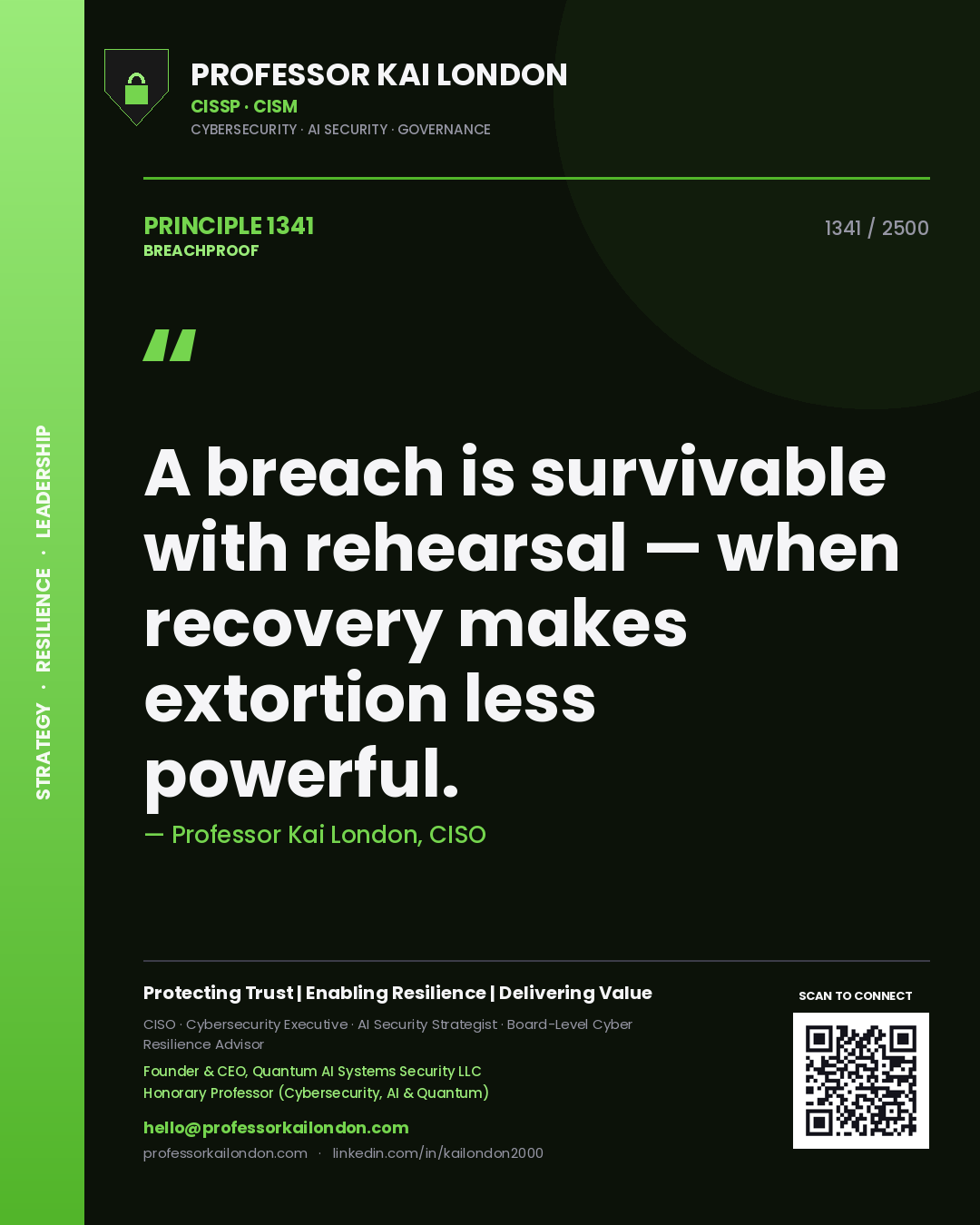 Quote card by Professor Kai London reading 'A breach is survivable with rehearsal — when recovery makes extortion less powerful.'. From the book Breachproof.