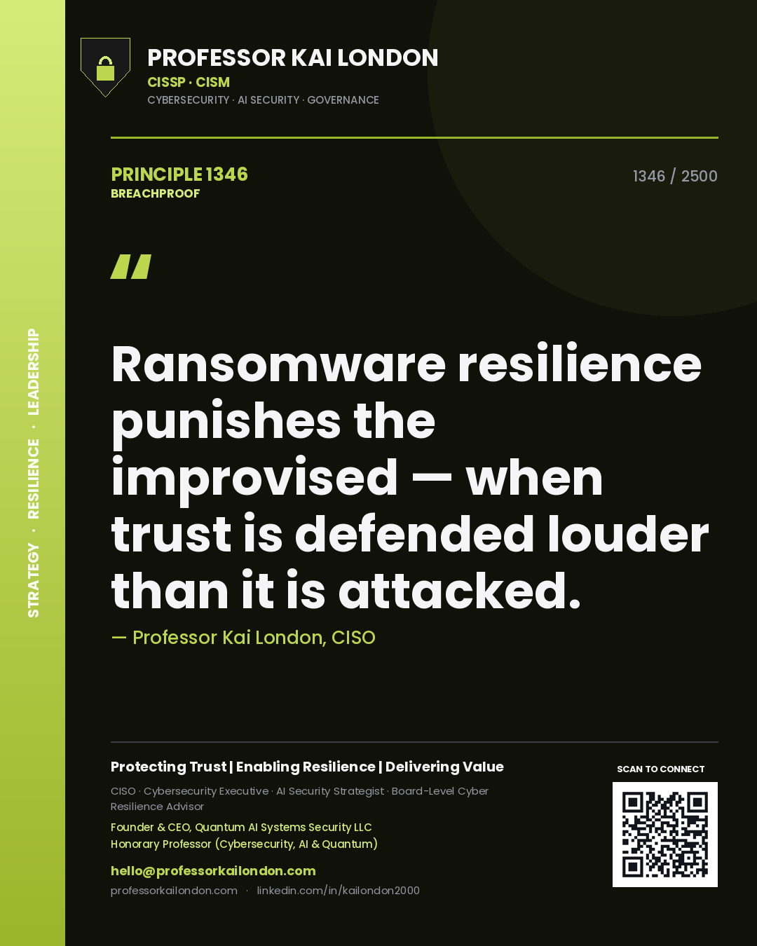 Quote card by Professor Kai London reading 'Ransomware resilience punishes the improvised — when trust is defended louder than it is attacked.'. From the book Breachproof.
