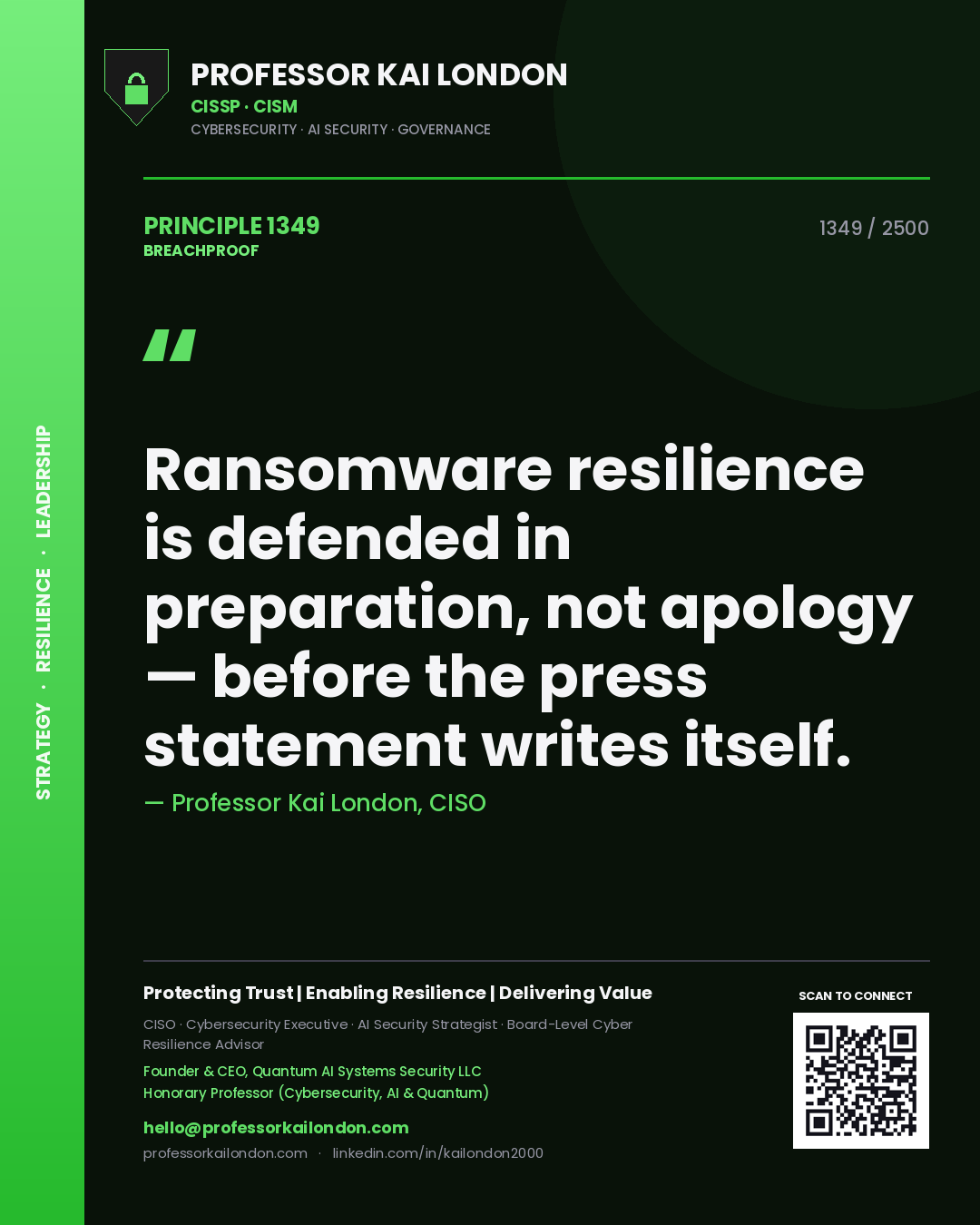 Quote card by Professor Kai London reading 'Ransomware resilience is defended in preparation, not apology — before the press statement writes itself.'. From the book Breachproof.