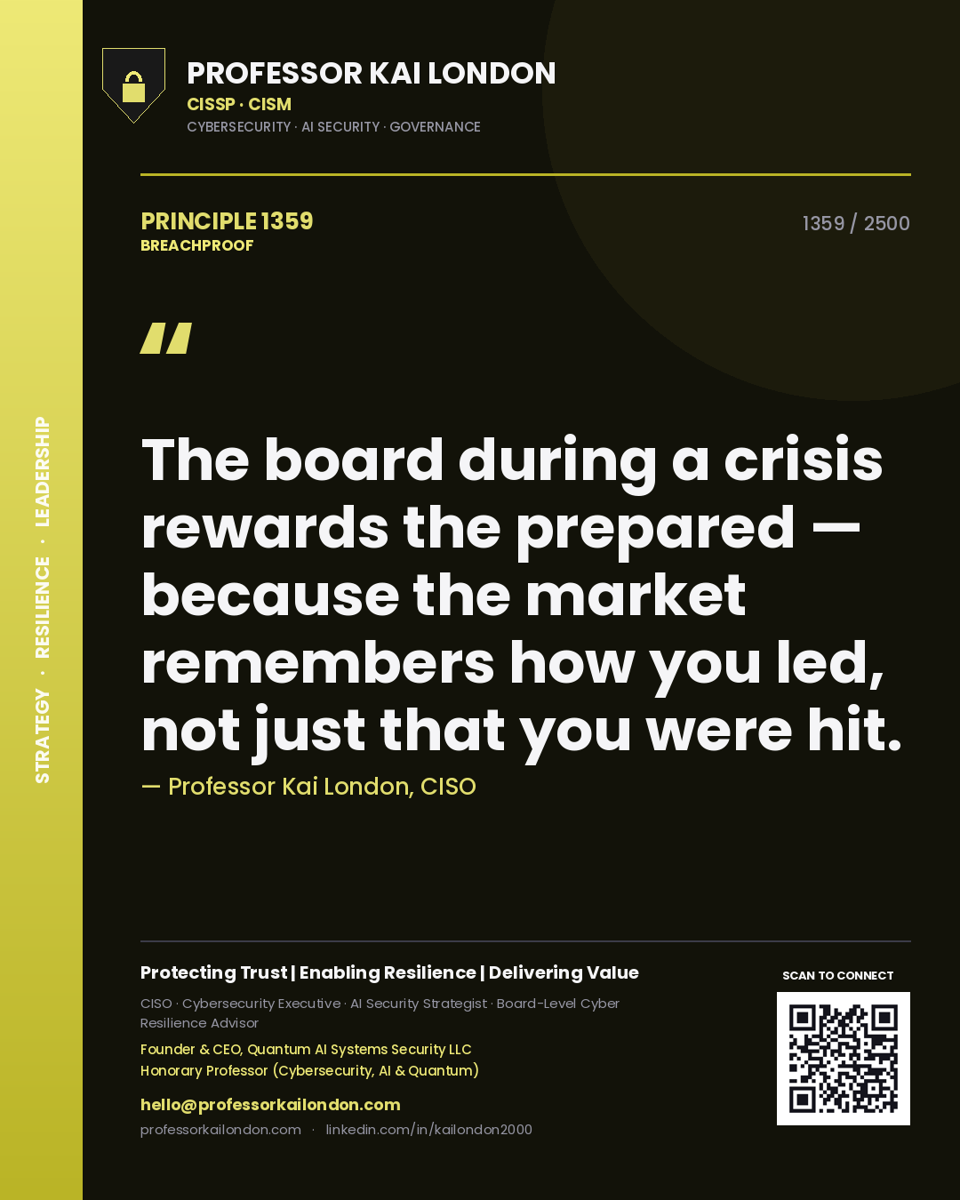 Quote card by Professor Kai London reading 'The board during a crisis rewards the prepared — because the market remembers how you led, not just that you were hit.'. From the book Breachproof.