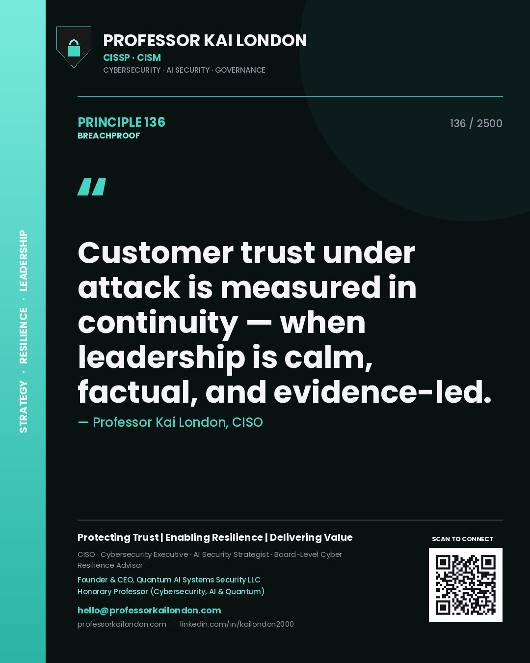 Quote card by Professor Kai London reading 'Customer trust under attack is measured in continuity — when leadership is calm, factual, and evidence-led.'. From the book Breachproof.
