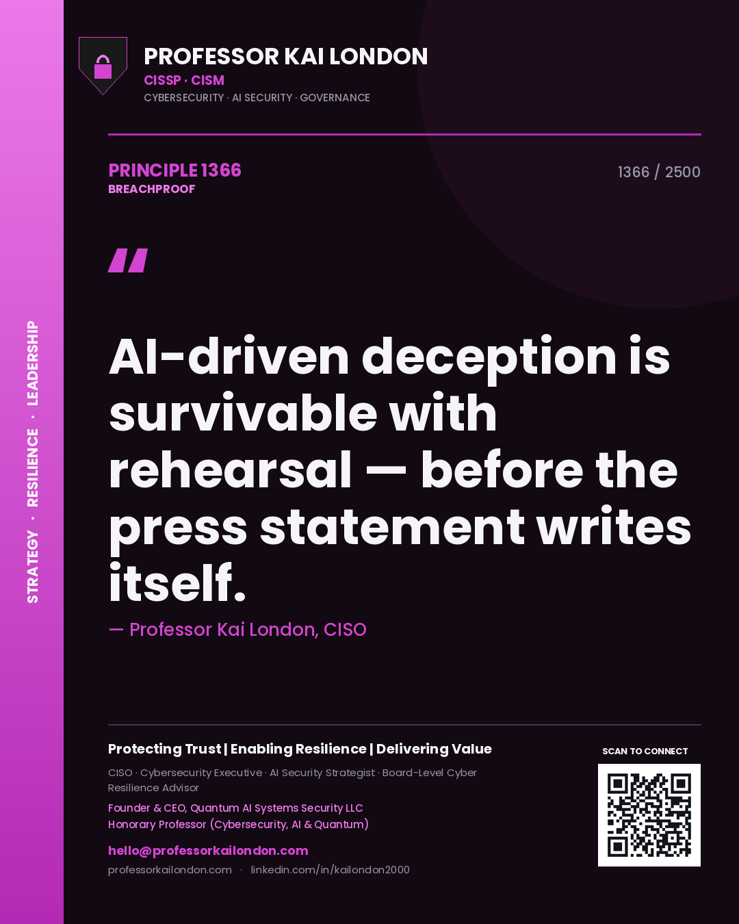 Professor Kai London principle 1366: AI-driven deception is survivable with rehearsal — before the press statement writes itself.