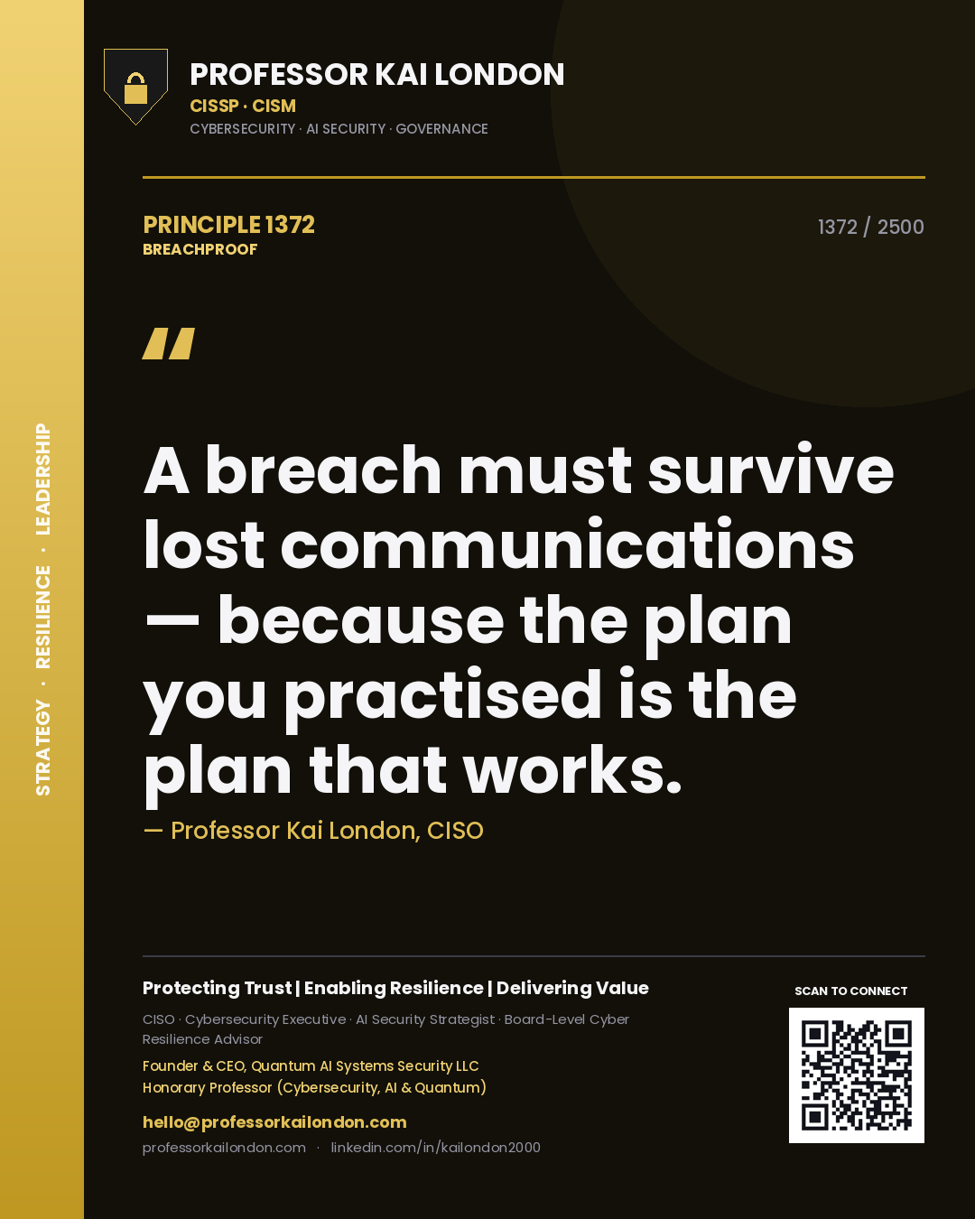 Quote card by Professor Kai London reading 'A breach must survive lost communications — because the plan you practised is the plan that works.'. From the book Breachproof.