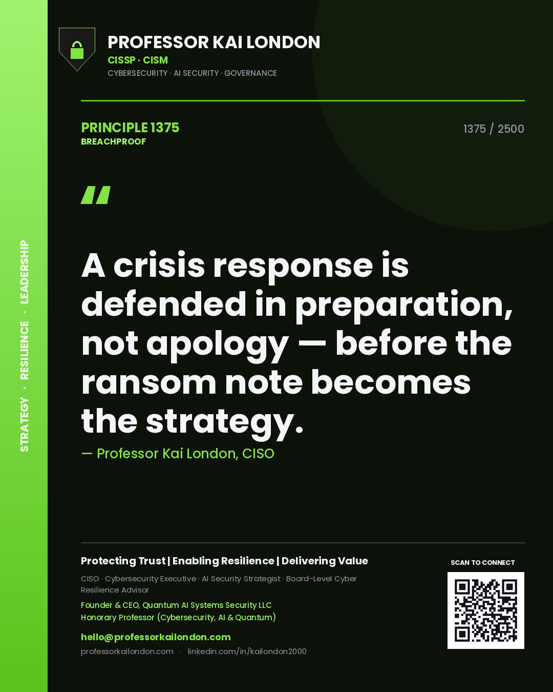 Quote card by Professor Kai London reading 'A crisis response is defended in preparation, not apology — before the ransom note becomes the strategy.'. From the book Breachproof.