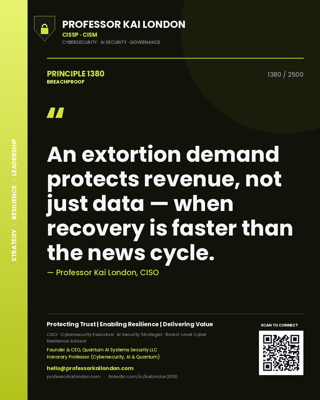 Professor Kai London principle 1380: An extortion demand protects revenue, not just data — when recovery is faster than the news cycle.