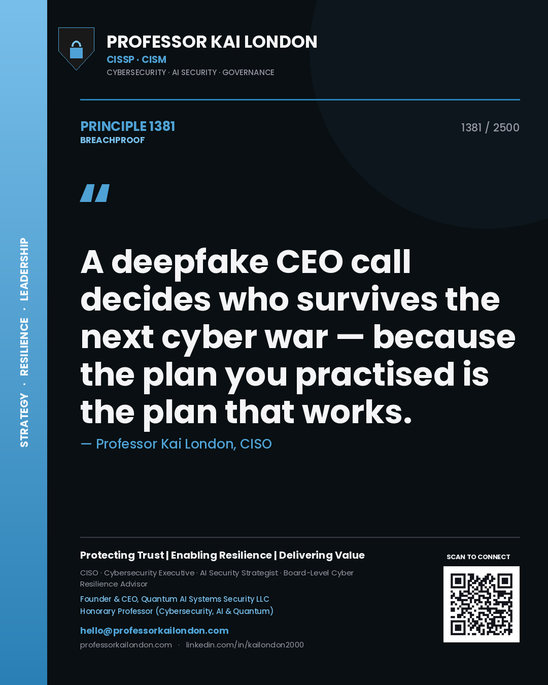 Quote card by Professor Kai London reading 'A deepfake CEO call decides who survives the next cyber war — because the plan you practised is the plan that works.'. From the book Breachproof.
