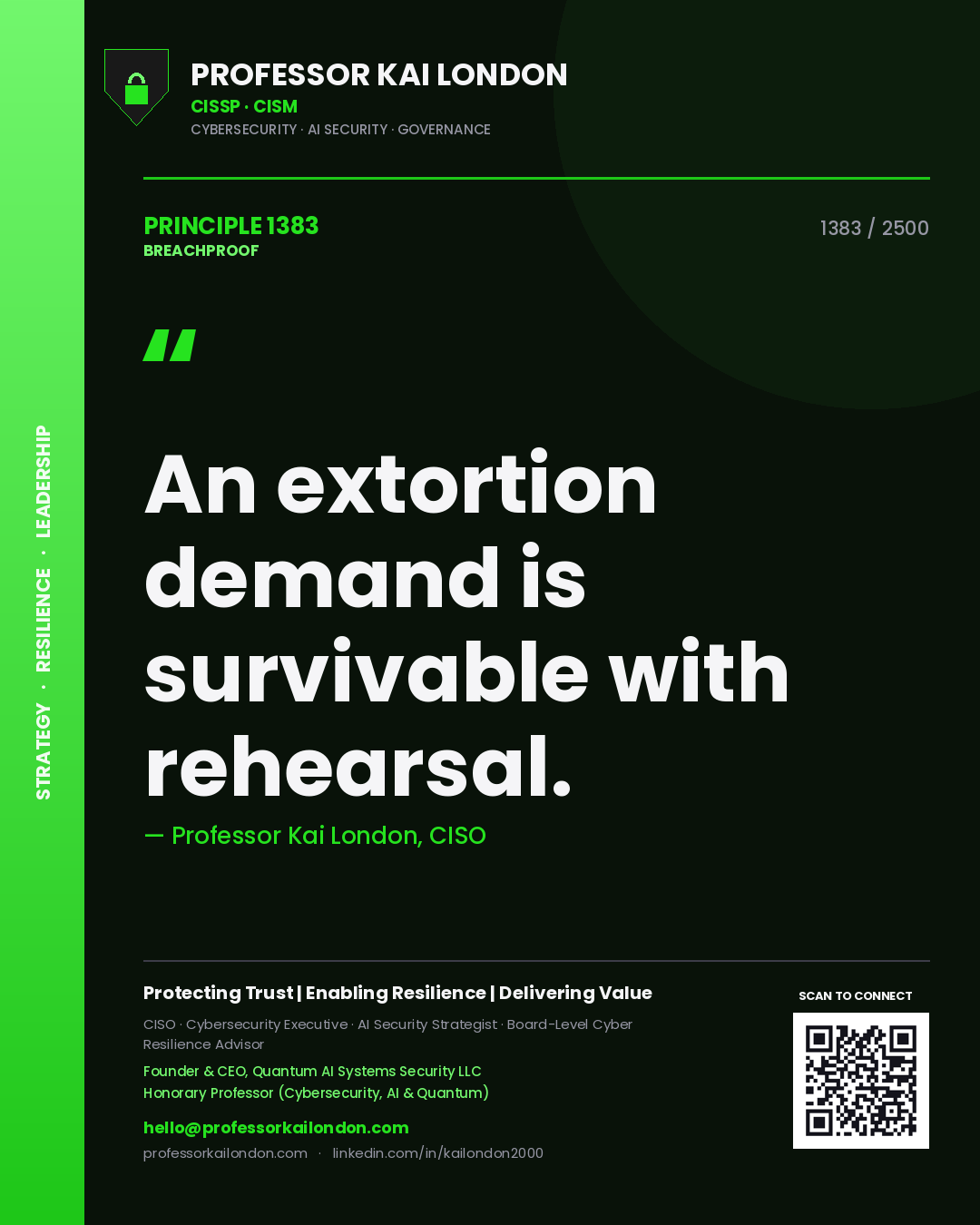 Quote card by Professor Kai London reading 'An extortion demand is survivable with rehearsal.'. From the book Breachproof.