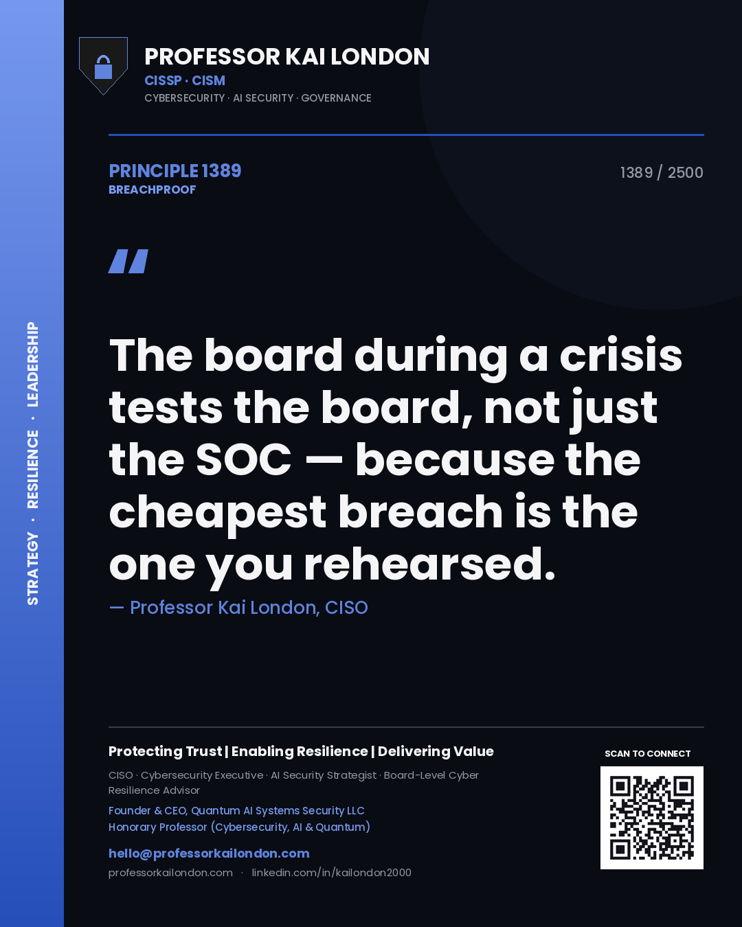 Quote card by Professor Kai London reading 'The board during a crisis tests the board, not just the SOC — because the cheapest breach is the one you rehearsed.'. From the book Breachproof.