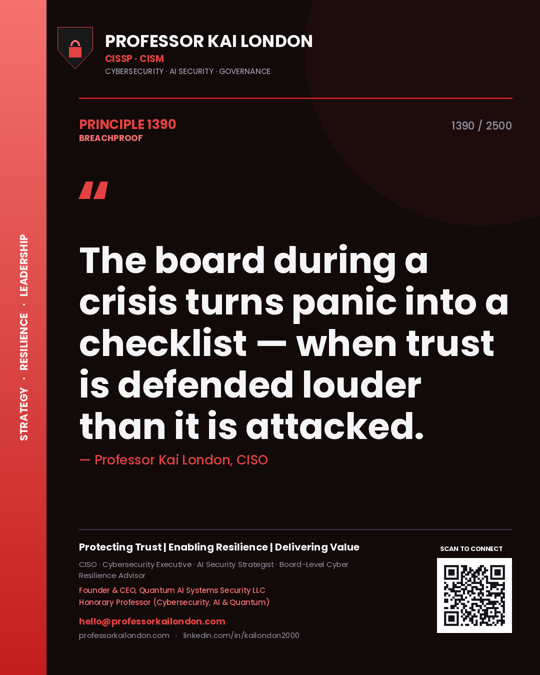 Quote card by Professor Kai London reading 'The board during a crisis turns panic into a checklist — when trust is defended louder than it is attacked.'. From the book Breachproof.
