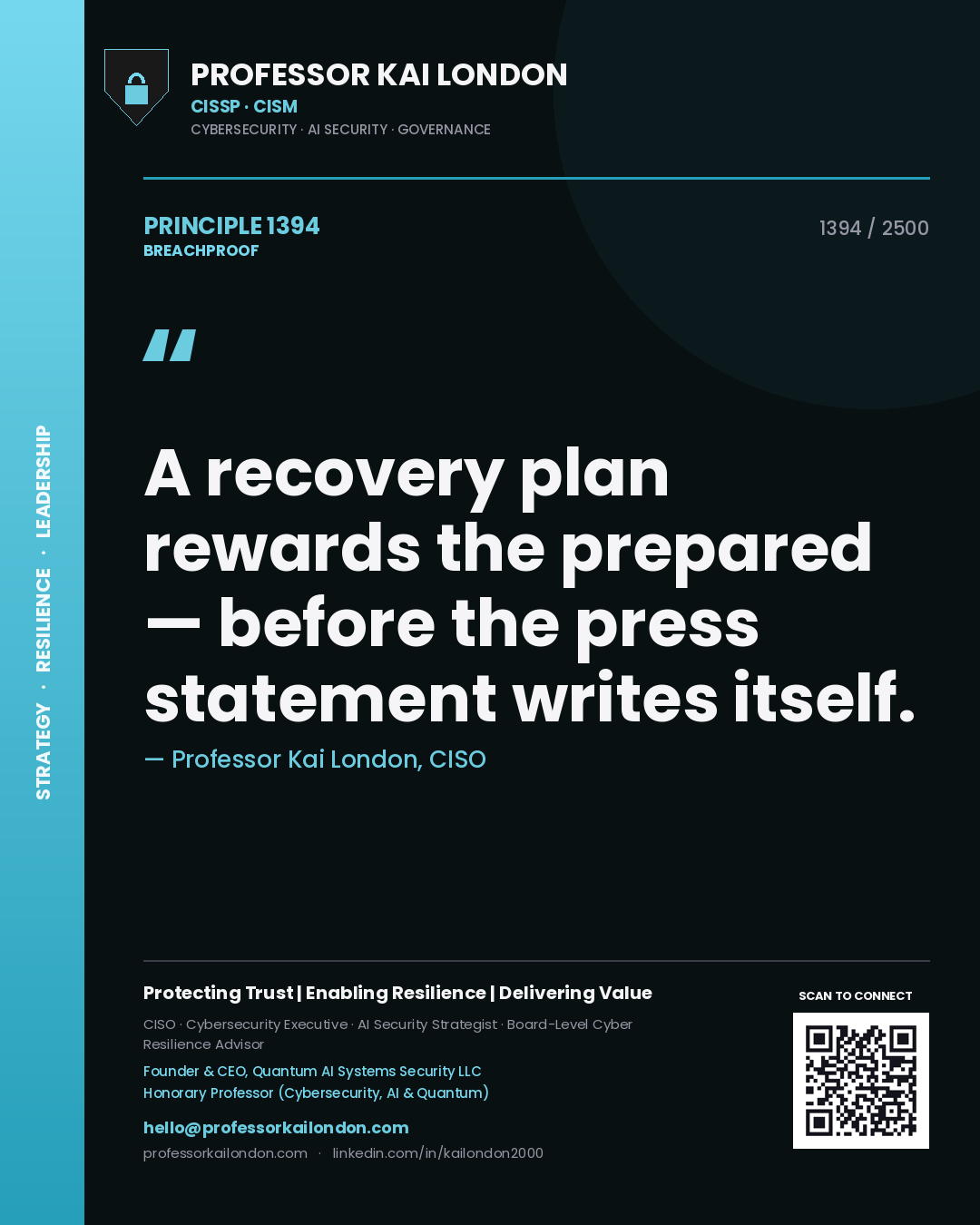 Quote card by Professor Kai London reading 'A recovery plan rewards the prepared — before the press statement writes itself.'. From the book Breachproof.