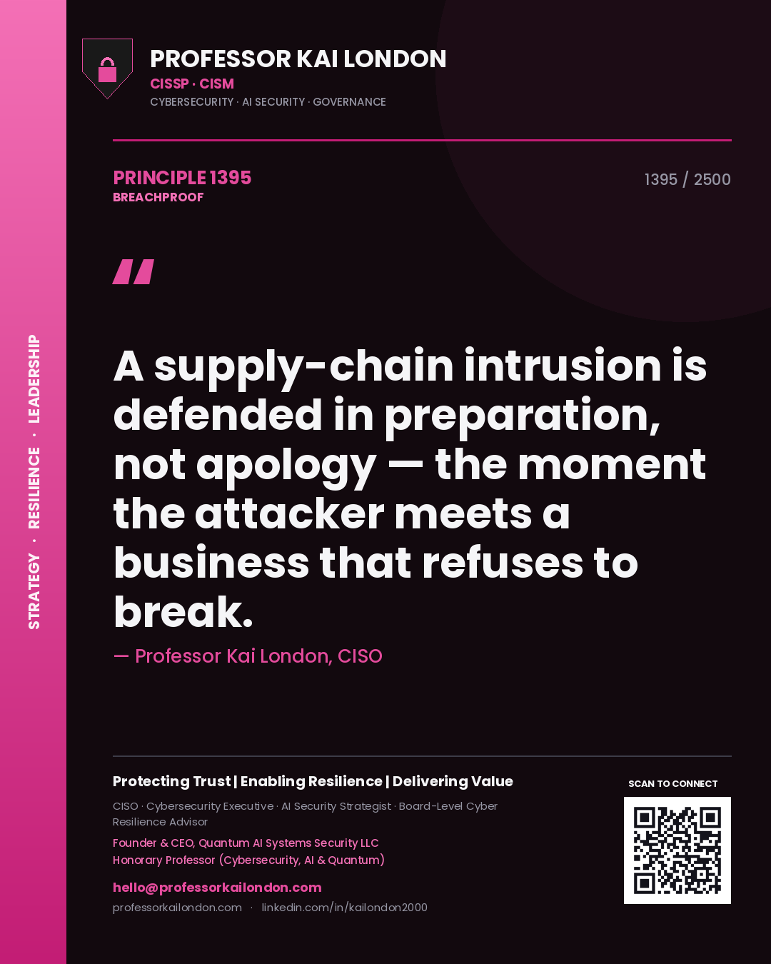 Quote card by Professor Kai London reading 'A supply-chain intrusion is defended in preparation, not apology — the moment the attacker meets a business that refuses to break.'. From the book Breachproof.