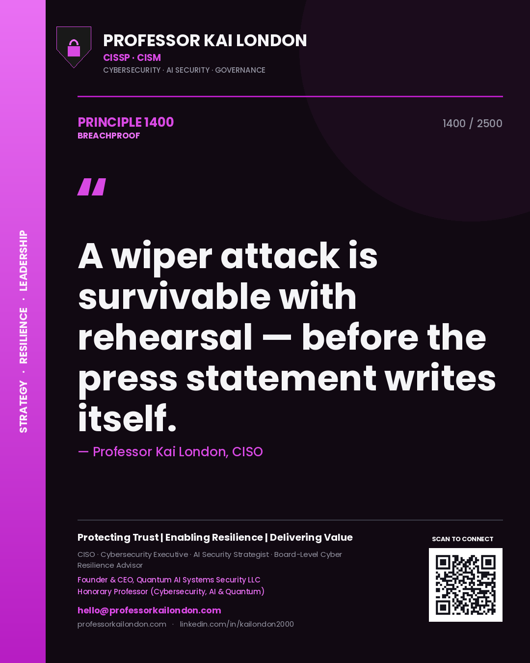 Quote card by Professor Kai London reading 'A wiper attack is survivable with rehearsal — before the press statement writes itself.'. From the book Breachproof.