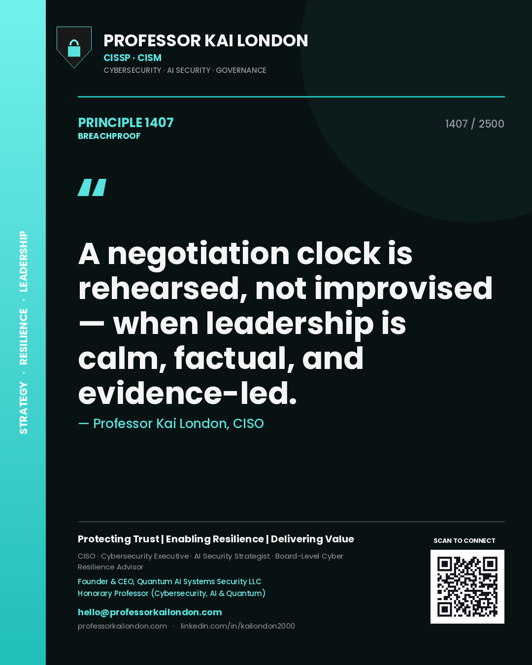 Quote card by Professor Kai London reading 'A negotiation clock is rehearsed, not improvised — when leadership is calm, factual, and evidence-led.'. From the book Breachproof.