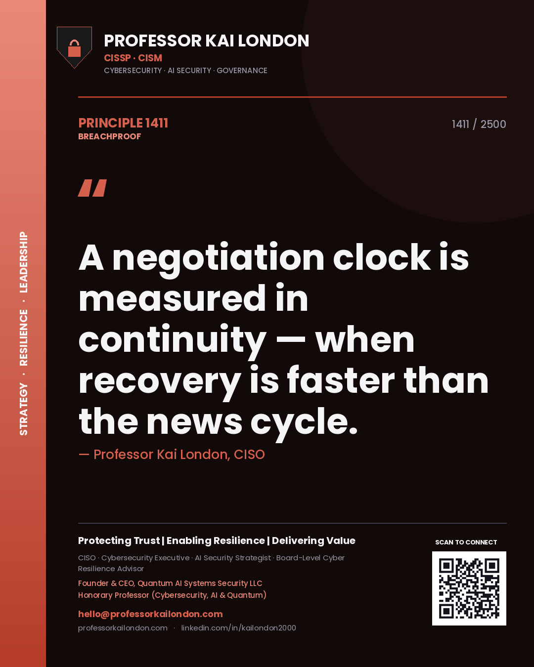 Quote card by Professor Kai London reading 'A negotiation clock is measured in continuity — when recovery is faster than the news cycle.'. From the book Breachproof.
