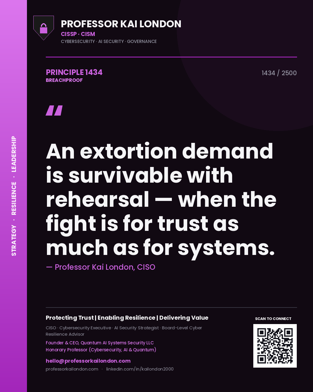 Professor Kai London principle 1434: An extortion demand is survivable with rehearsal — when the fight is for trust as much as for systems.