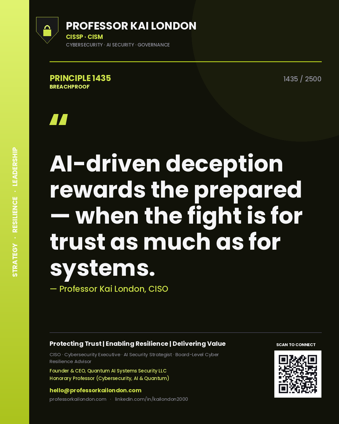 Quote card by Professor Kai London reading 'AI-driven deception rewards the prepared — when the fight is for trust as much as for systems.'. From the book Breachproof.