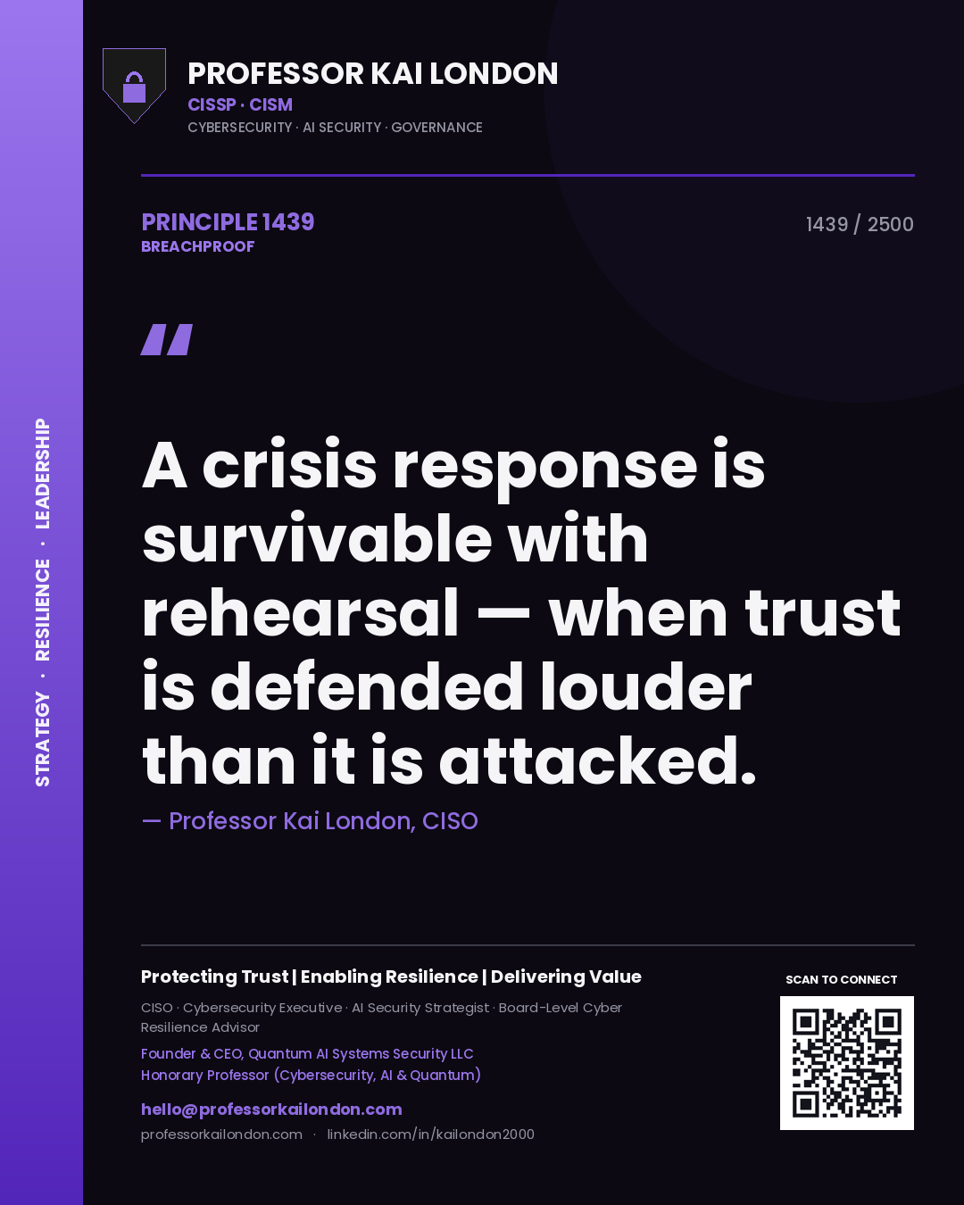 Quote card by Professor Kai London reading 'A crisis response is survivable with rehearsal — when trust is defended louder than it is attacked.'. From the book Breachproof.