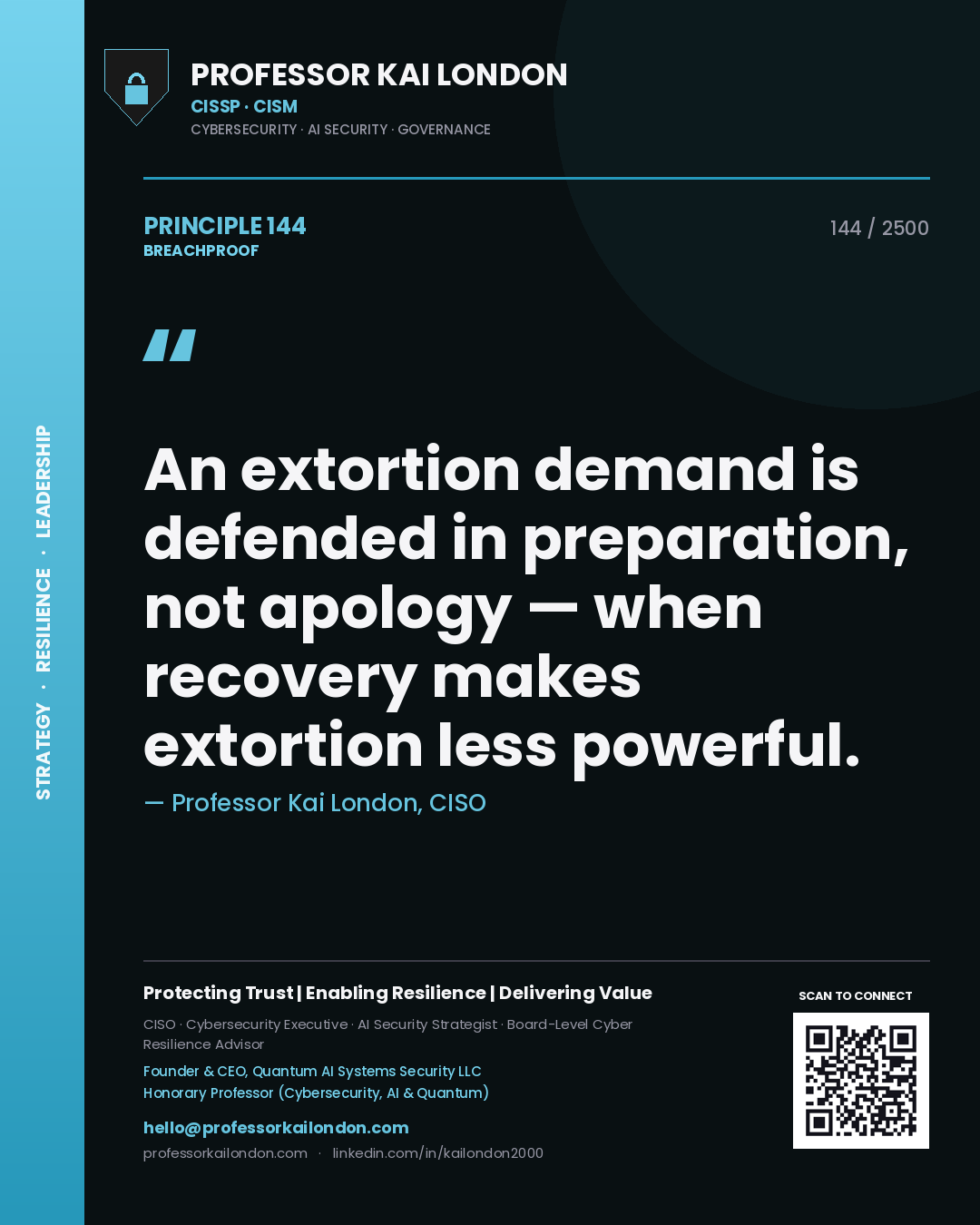 Professor Kai London principle 144: An extortion demand is defended in preparation, not apology — when recovery makes extortion less powerful.
