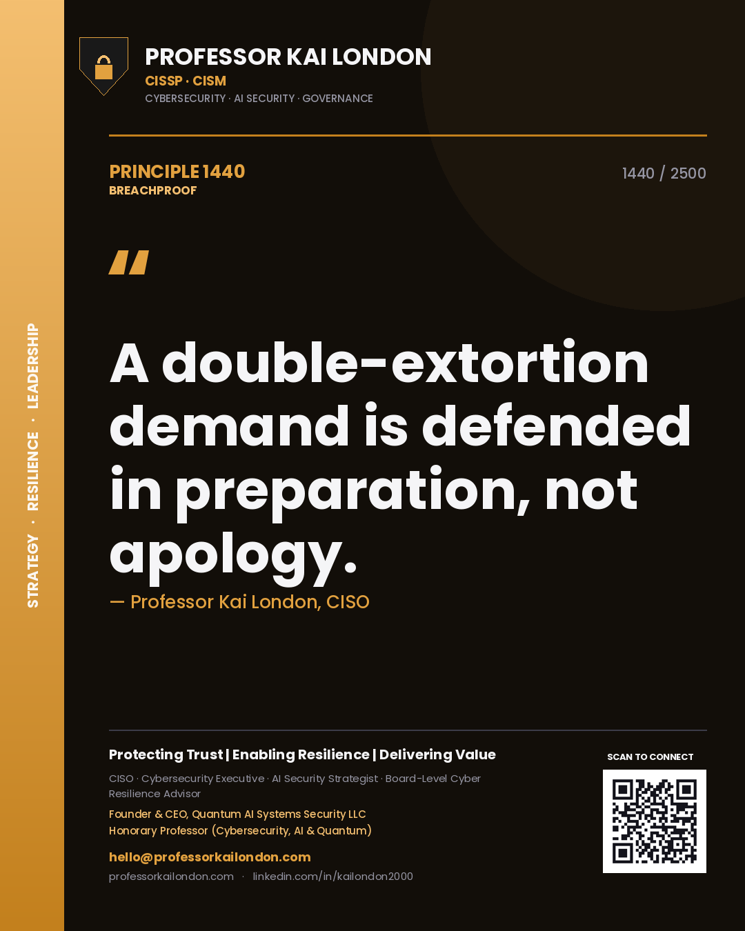 Quote card by Professor Kai London reading 'A double-extortion demand is defended in preparation, not apology.'. From the book Breachproof.