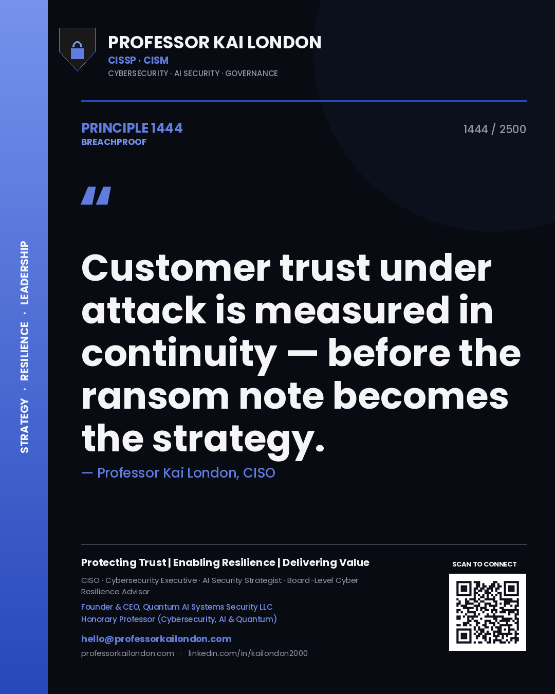 Quote card by Professor Kai London reading 'Customer trust under attack is measured in continuity — before the ransom note becomes the strategy.'. From the book Breachproof.