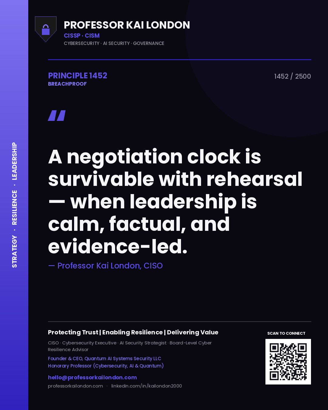Professor Kai London principle 1452: A negotiation clock is survivable with rehearsal — when leadership is calm, factual, and evidence-led.