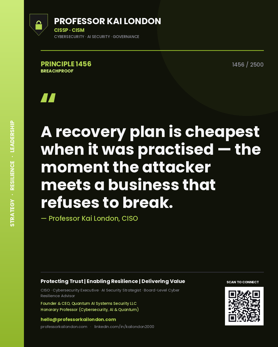 Quote card by Professor Kai London reading 'A recovery plan is cheapest when it was practised — the moment the attacker meets a business that refuses to break.'. From the book Breachproof.