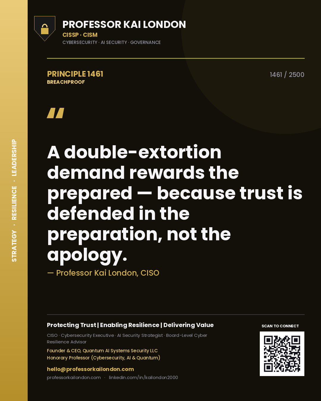 Professor Kai London principle 1461: A double-extortion demand rewards the prepared — because trust is defended in the preparation, not the apology.