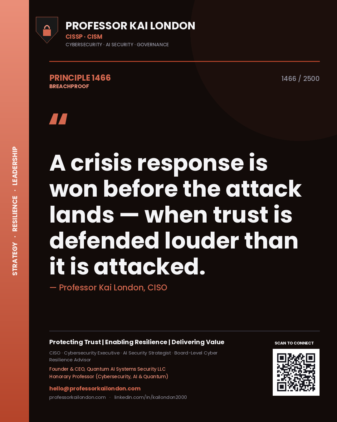 Professor Kai London principle 1466: A crisis response is won before the attack lands — when trust is defended louder than it is attacked.