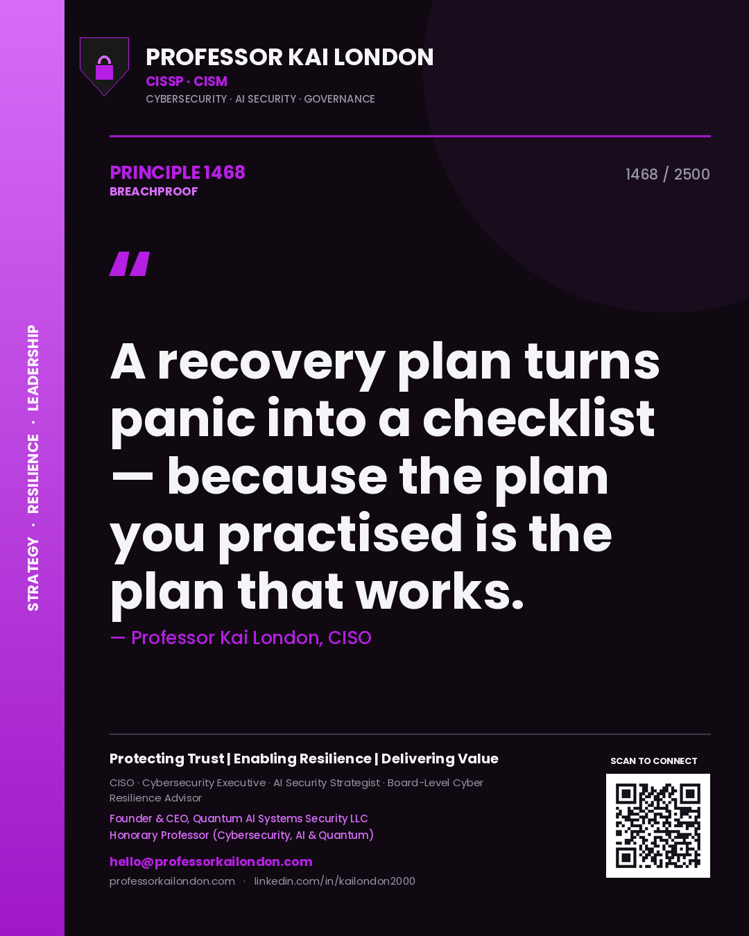 Professor Kai London principle 1468: A recovery plan turns panic into a checklist — because the plan you practised is the plan that works.