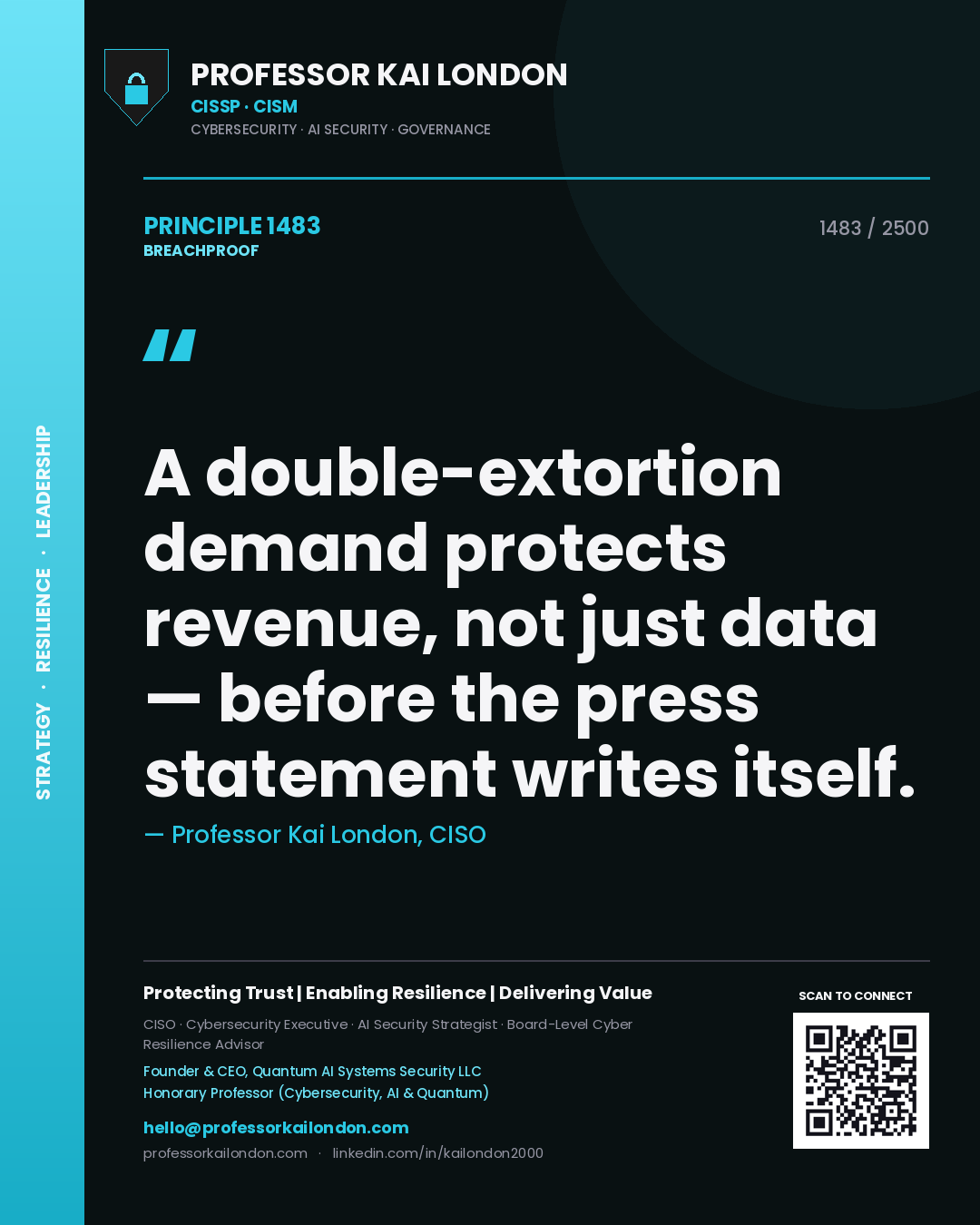 Quote card by Professor Kai London reading 'A double-extortion demand protects revenue, not just data — before the press statement writes itself.'. From the book Breachproof.