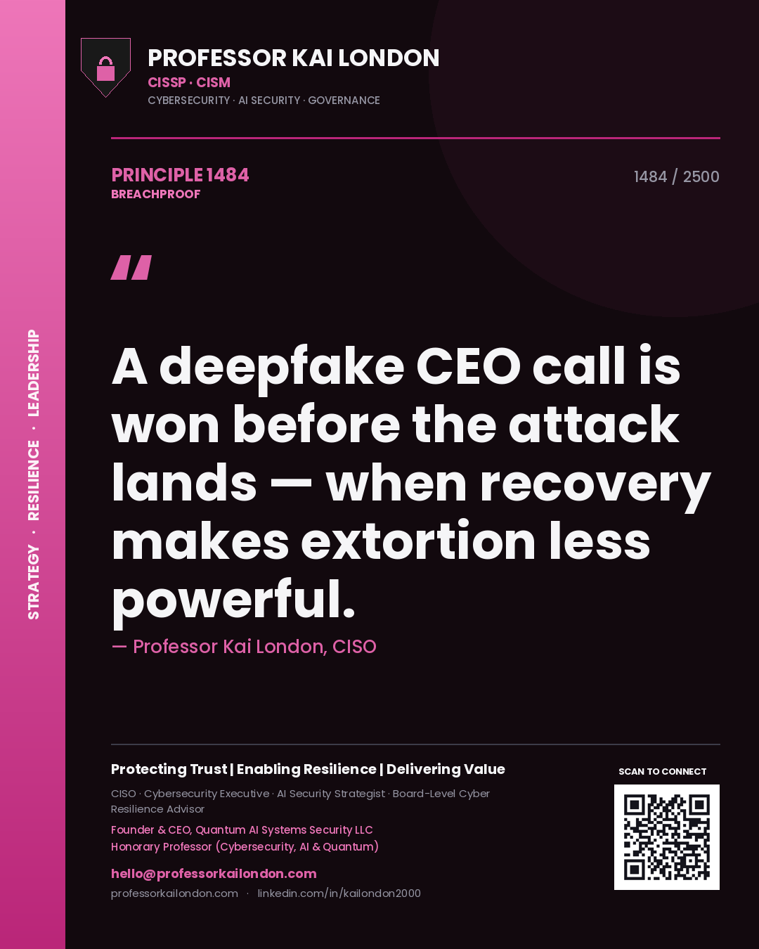 Professor Kai London principle 1484: A deepfake CEO call is won before the attack lands — when recovery makes extortion less powerful.