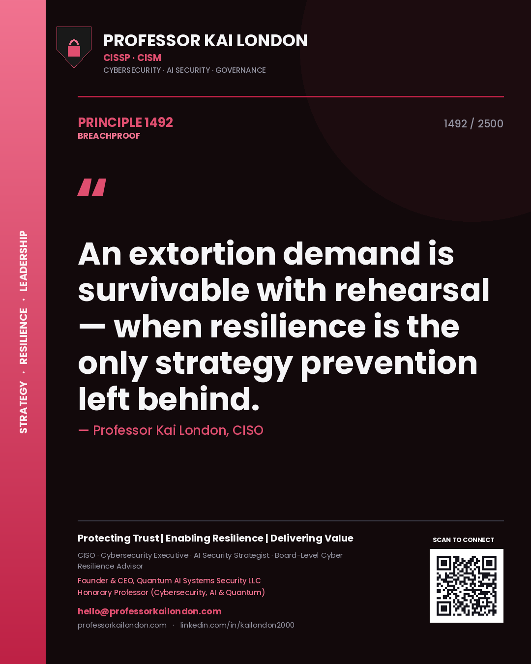 Quote card by Professor Kai London reading 'An extortion demand is survivable with rehearsal — when resilience is the only strategy prevention left behind.'. From the book Breachproof.