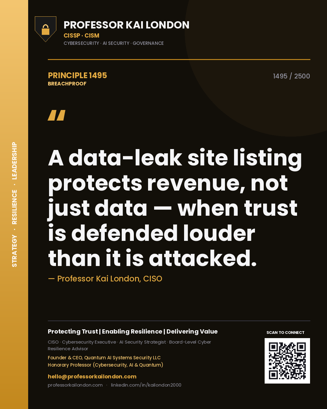 Quote card by Professor Kai London reading 'A data-leak site listing protects revenue, not just data — when trust is defended louder than it is attacked.'. From the book Breachproof.
