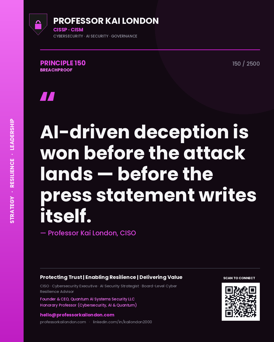 Quote card by Professor Kai London reading 'AI-driven deception is won before the attack lands — before the press statement writes itself.'. From the book Breachproof.