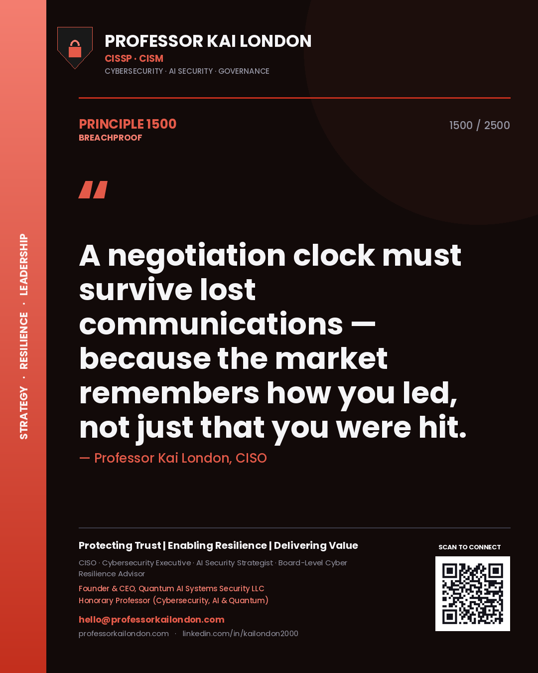 Professor Kai London principle 1500: A negotiation clock must survive lost communications — because the market remembers how you led, not just that you were hit.